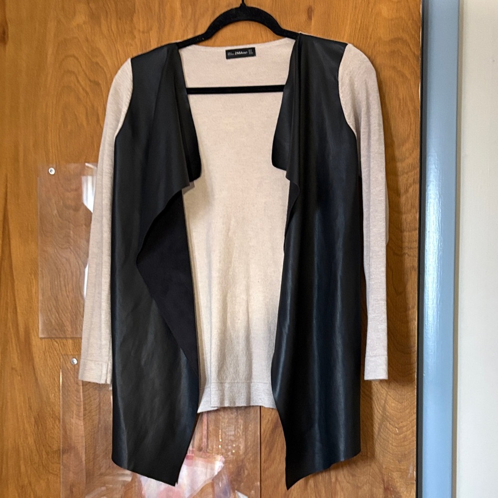 Zara Knit Black and Cream Open Draped Front Cardigan